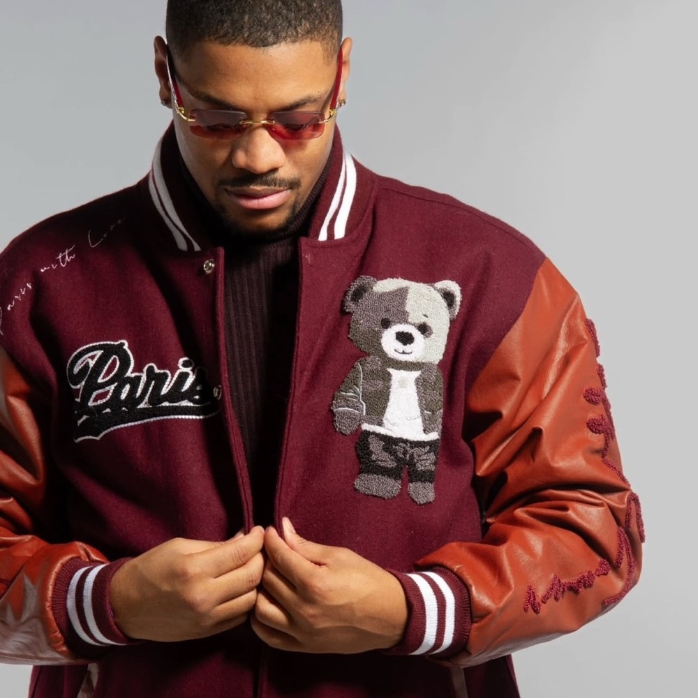 DAVID FORD PARIS Red and Brown Bomber Varsity Jacket w Teddy Bear Embroidery